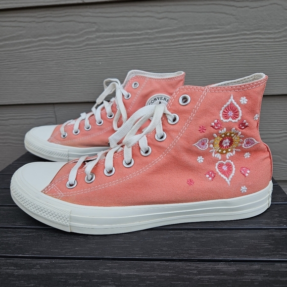 Converse Hi Top Canvas Trainers Floral Embroidery Bright Madder Pink A02203C 9.5 - Picture 1 of 15